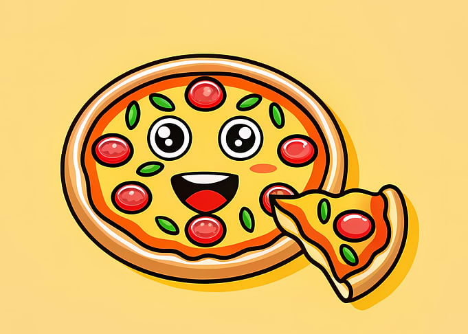 Smiling Pepperoni Pizza Cartoon with Slice on Yellow Background