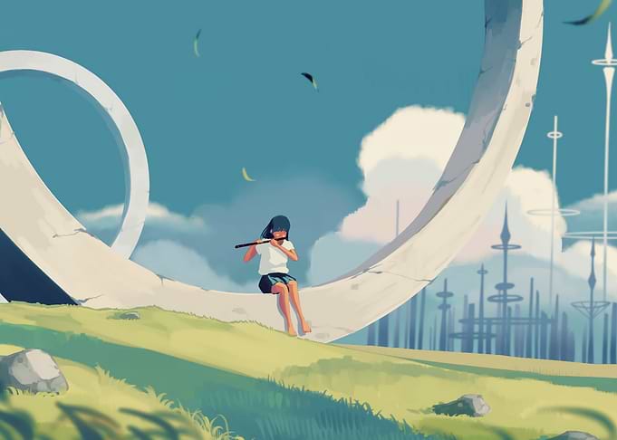 Girl playing flute on futuristic structure