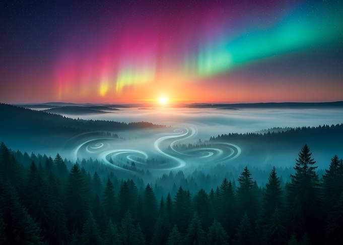 Aurora Borealis Over Misty Evergreen Forest and Winding River Stream