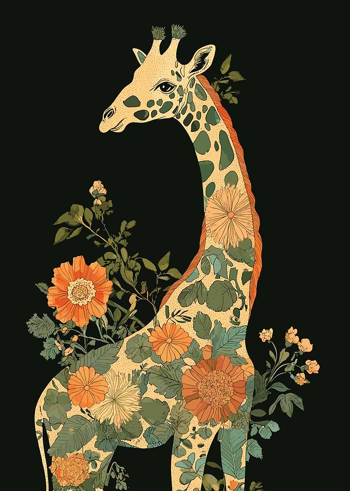 Floral Giraffe on Black Background