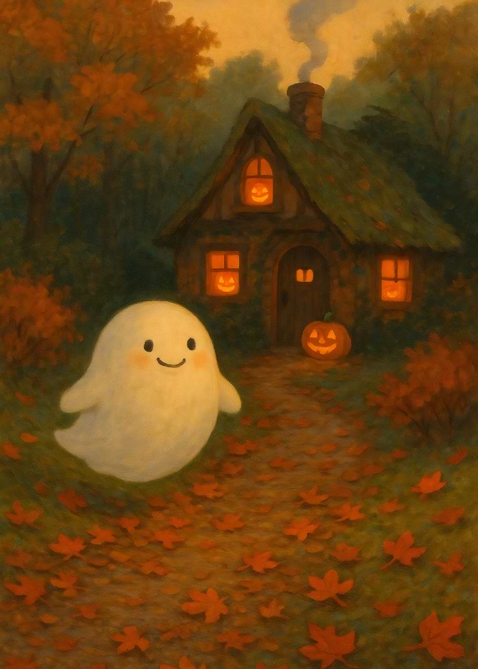 Cute Ghost in Autumn Landscape