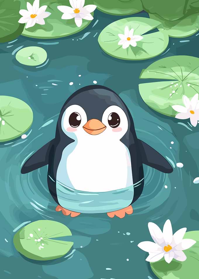 Cute Penguin in Lily Pond Illustration