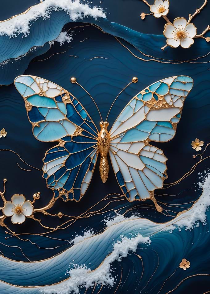 Blue Butterfly Kintsugi Art