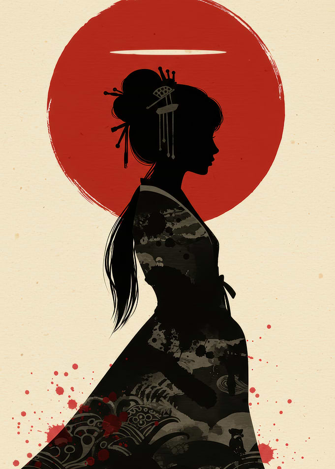 Silhouette of a Geisha with Red Sun