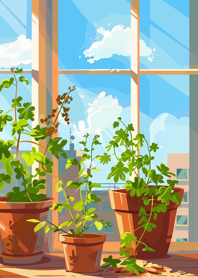 Plants in pots by the window