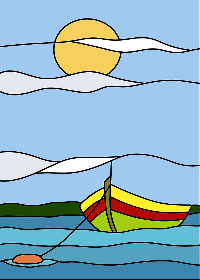 Colorful Boat on Water Stained Glass