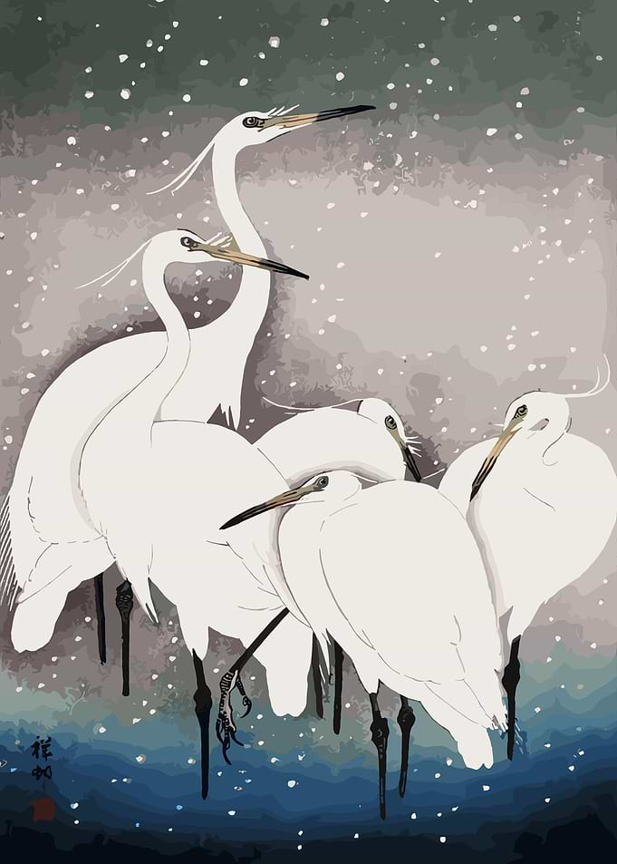 Japanese Art: White Herons in Winter