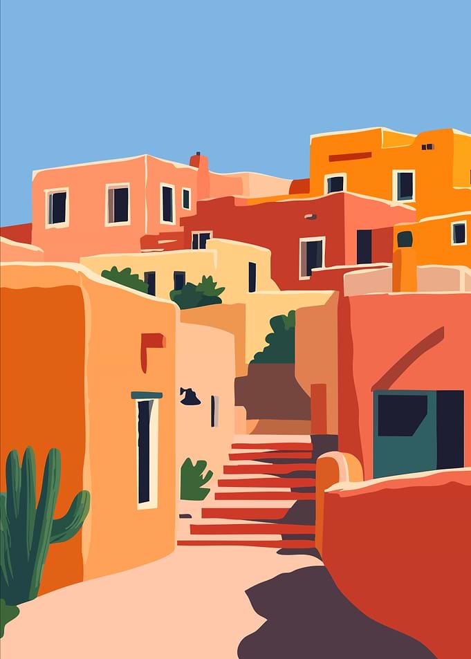 Pastel Colorful Desert Mud Houses and Sky Minimalist Abstract Art illustration