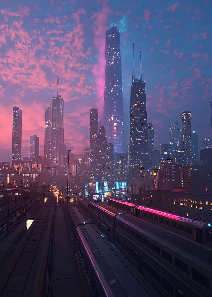 Futuristic Chicago Cityscape with Trains at Night