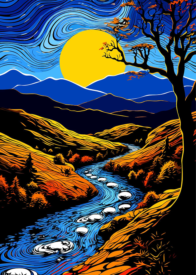 Vibrant Landscape with River and Sun