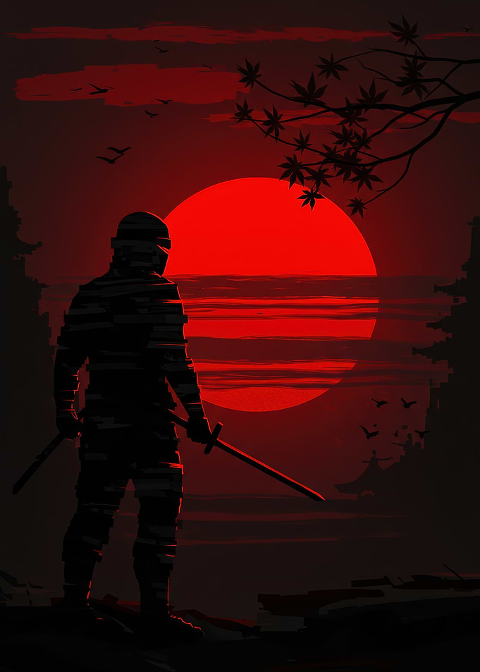 Silhouette Ninja with Swords at Sunset