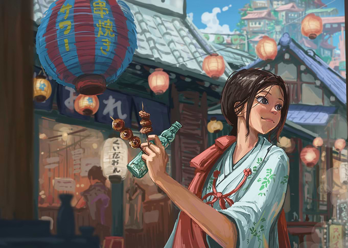 Japanese Street Food Scene with Woman