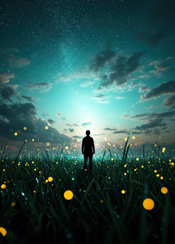 Silhouette under starry sky with fireflies