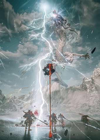 Dragon and Warriors in Stormy Landscape
