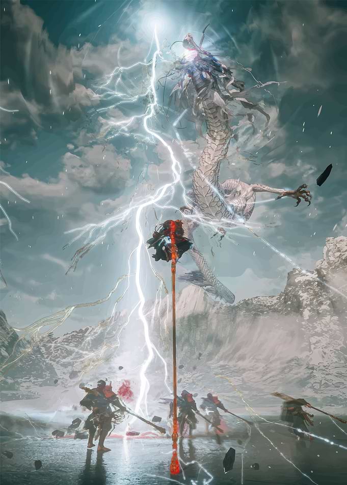 Dragon and Warriors in Stormy Landscape