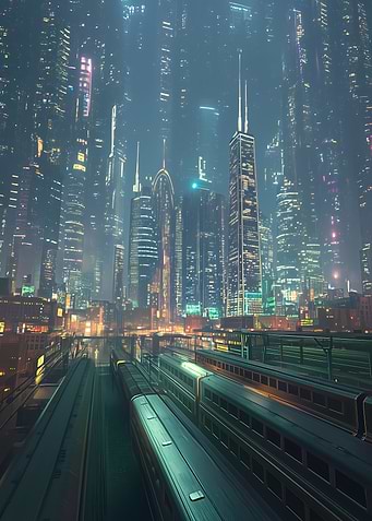 Futuristic Chicago Cityscape with Trains at Night