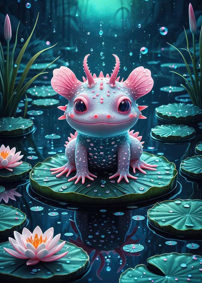 Adorable Pink Axolotl on a Lily Pad — Whimsical Pond Creature Illustration