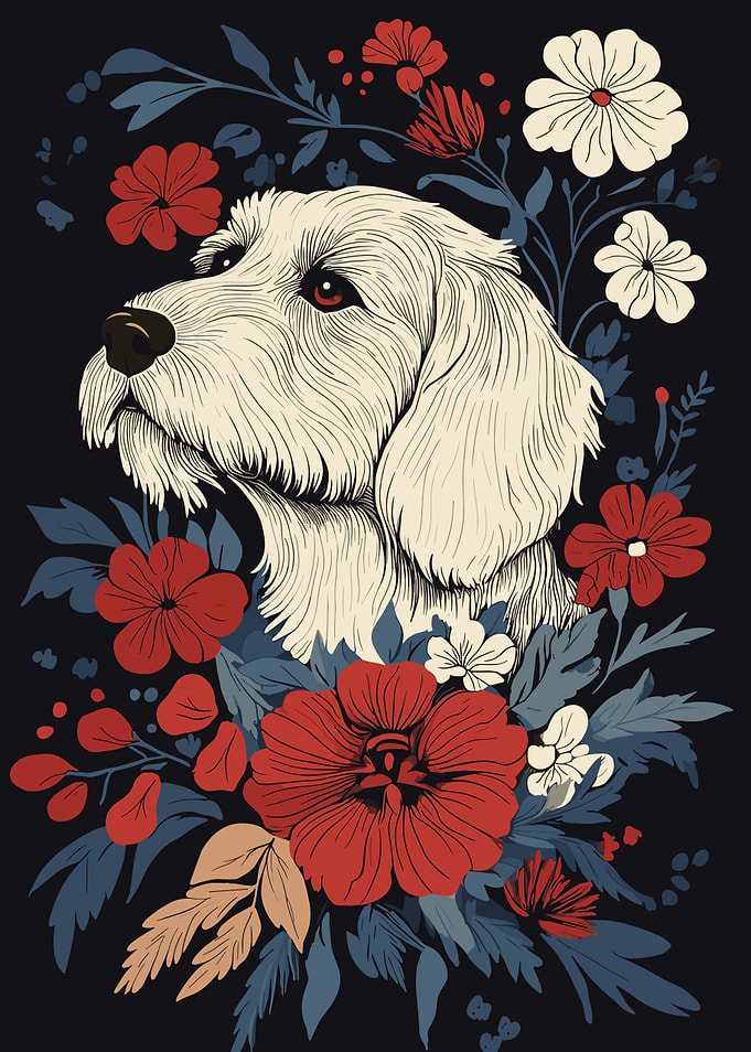 Dog portrait with floral arrangement