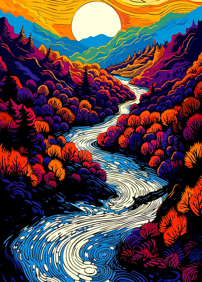 Colorful River Landscape with Rising Sun