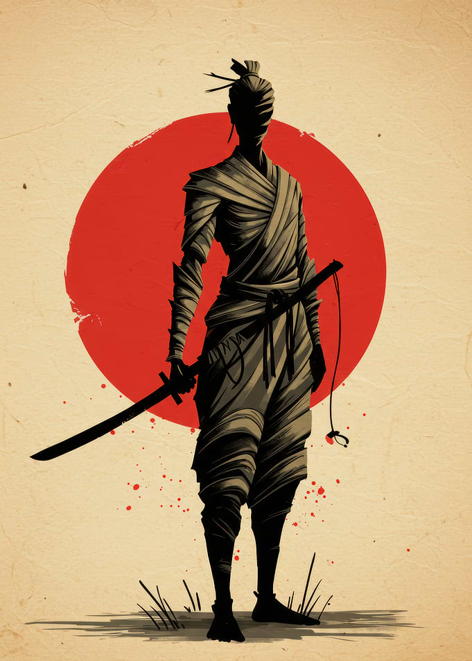 Samurai Silhouette with Red Sun