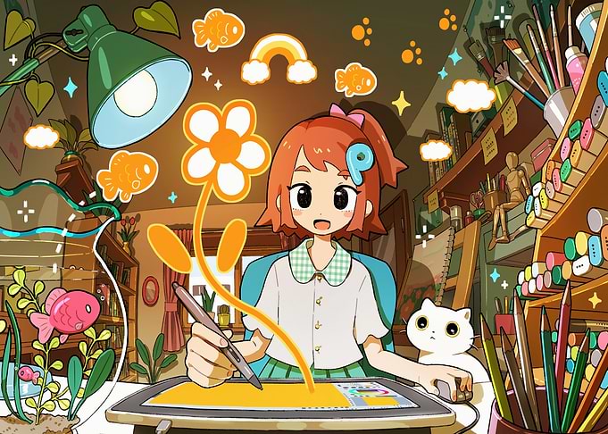Digital Artist at Work with Cat