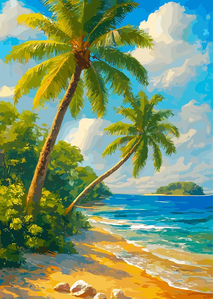 Tropical beach with palm trees painting