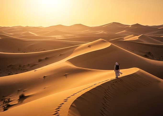 Footprints Across Orange Desert Dunes Under Pale Sky