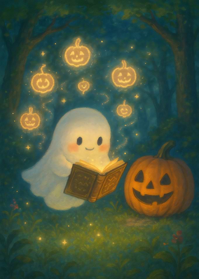 Cute Ghost Reading Book with Pumpkin