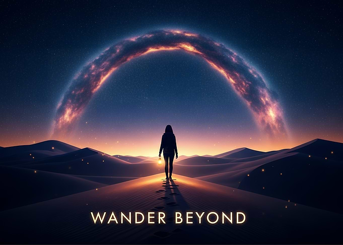 Wander Beyond – Woman on Sand Dune Under Cosmic Archway with Lantern