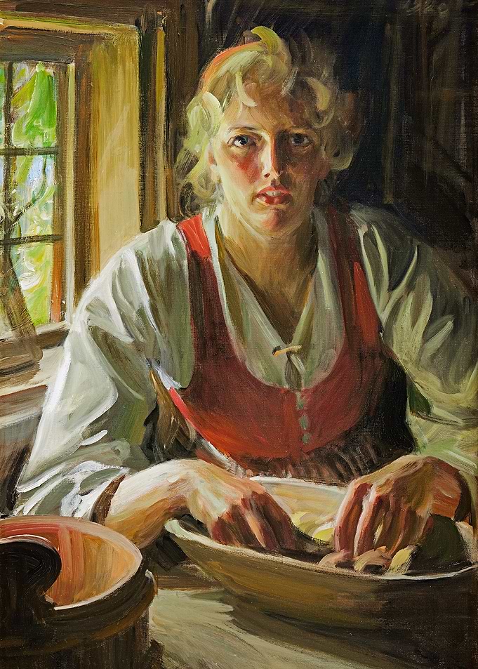 Woman Preparing Food by Window Painting