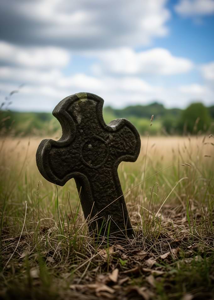 Weathered Stone Cross in Field