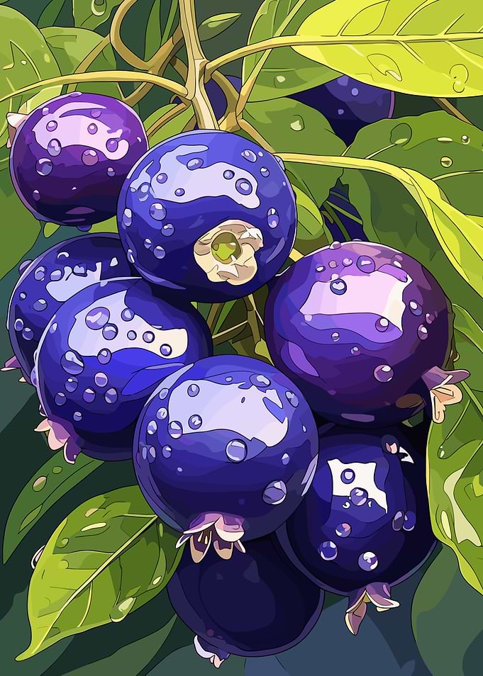 Cartoon Illustration of Blueberries with Water Droplets
