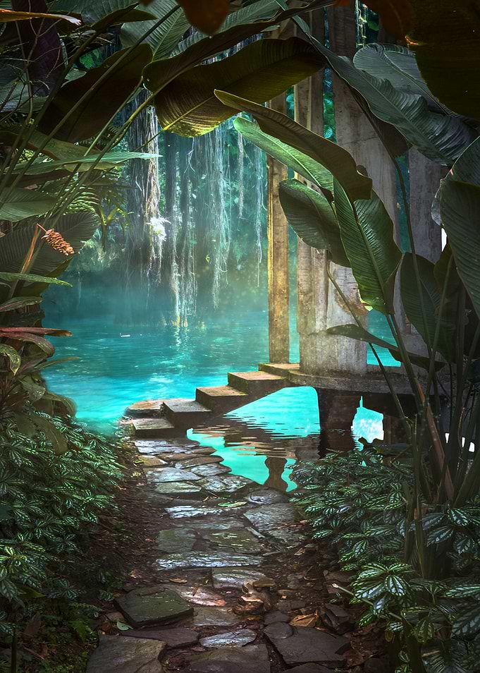 Tropical Oasis with Stone Path