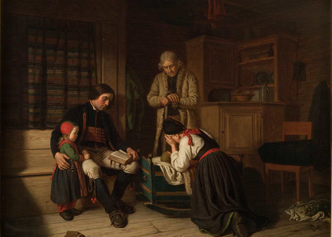 Family Prayer by the Cradle Painting