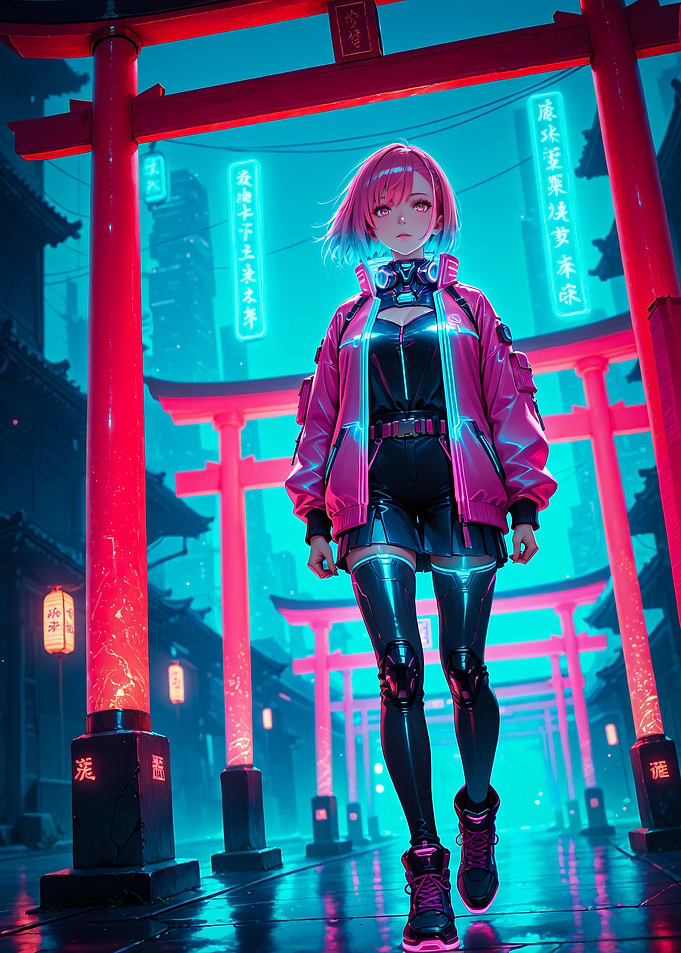 Cyberpunk Girl Torii Gate Japan