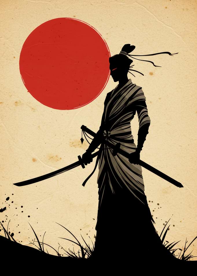 Silhouette Samurai Woman warrior with Rising Sun
