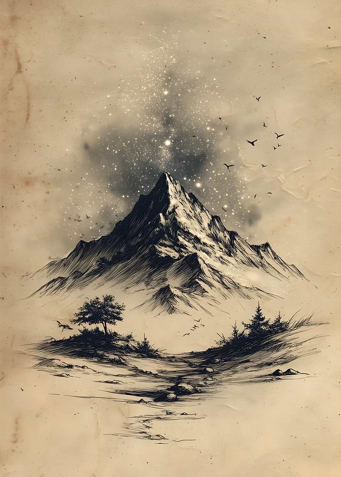 Mountain Peak Under Starry Sky Drawing