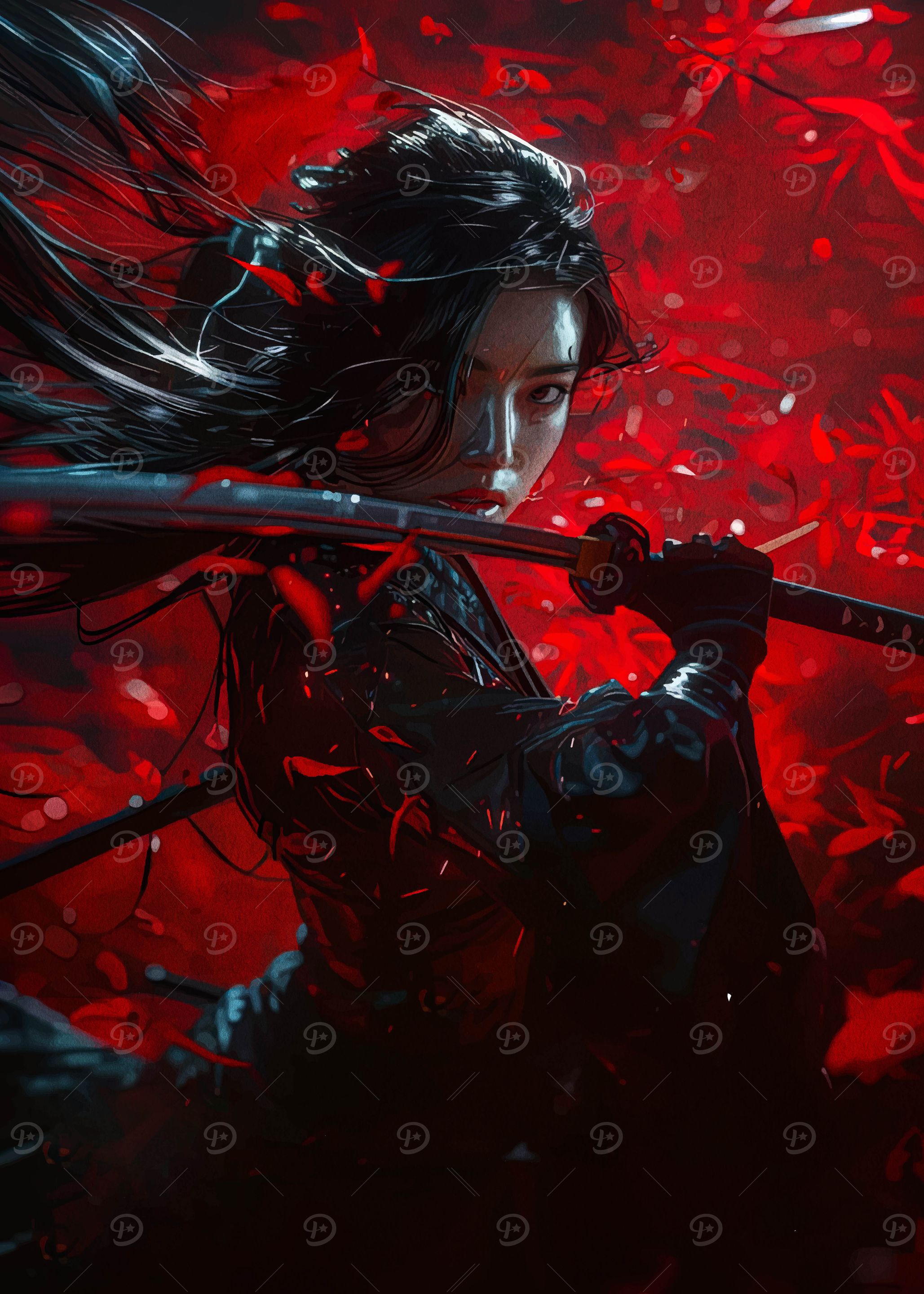Female Warrior with Katana in Red