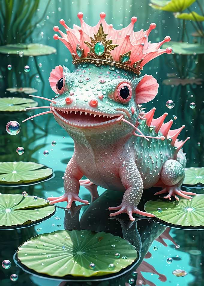 Enchanted Axolotl Prince — Mint & Pink Fantasy Amphibian with Crown
