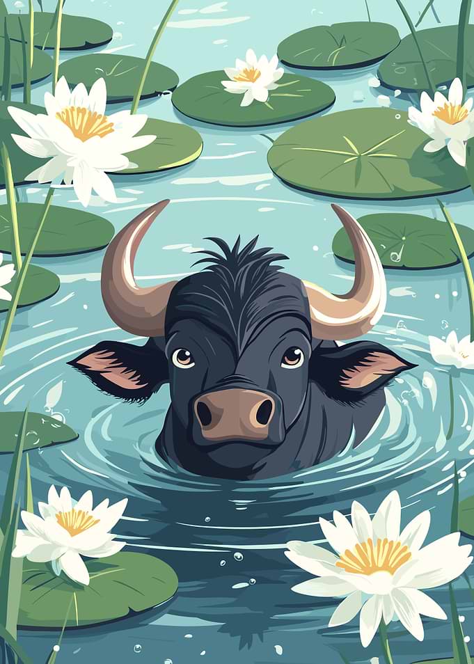 Cartoon Bull in Lily Pad Pond