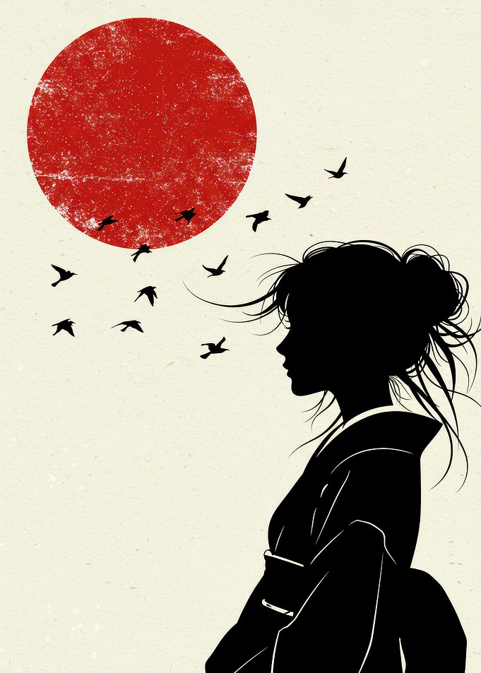 Silhouette of Woman with Birds and Sun