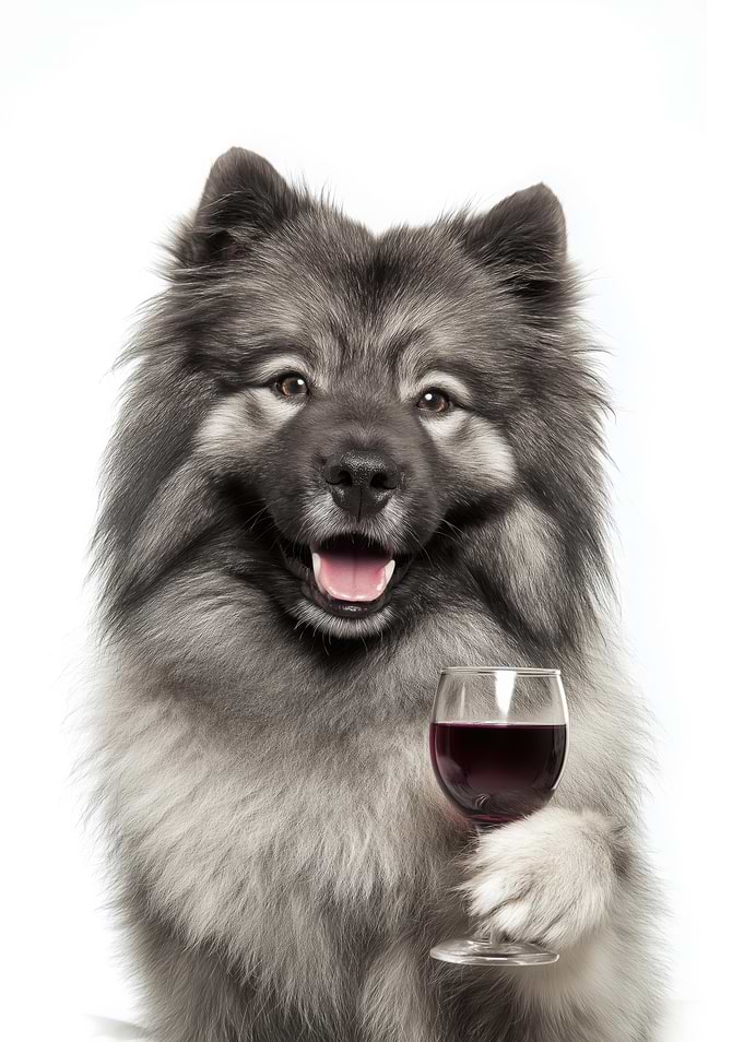Keeshond dog holding a glass of wine