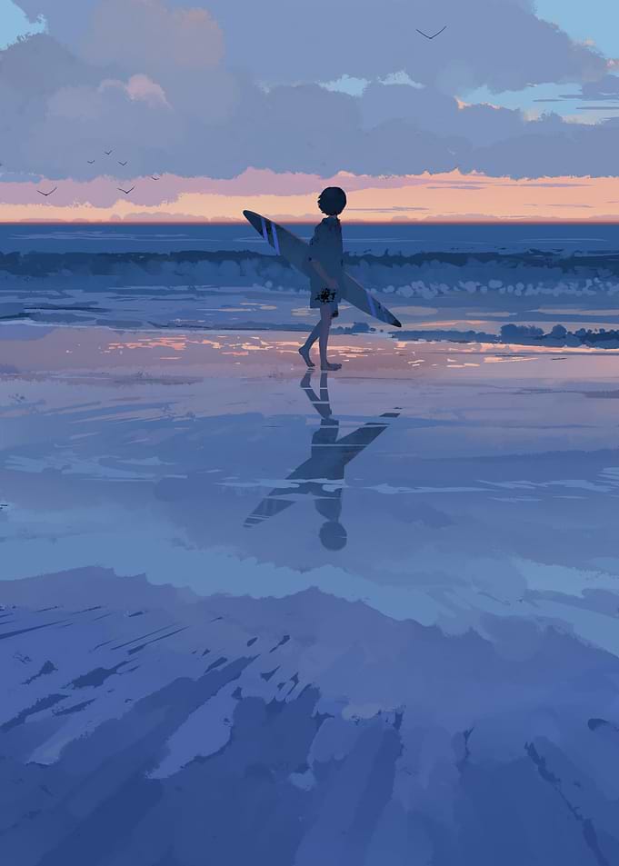 Surfer on the Beach at Sunset