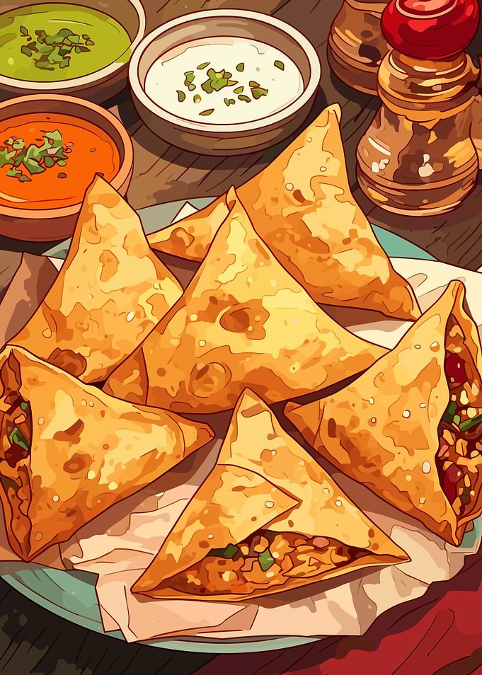 Samosas with Dipping Sauces Illustration