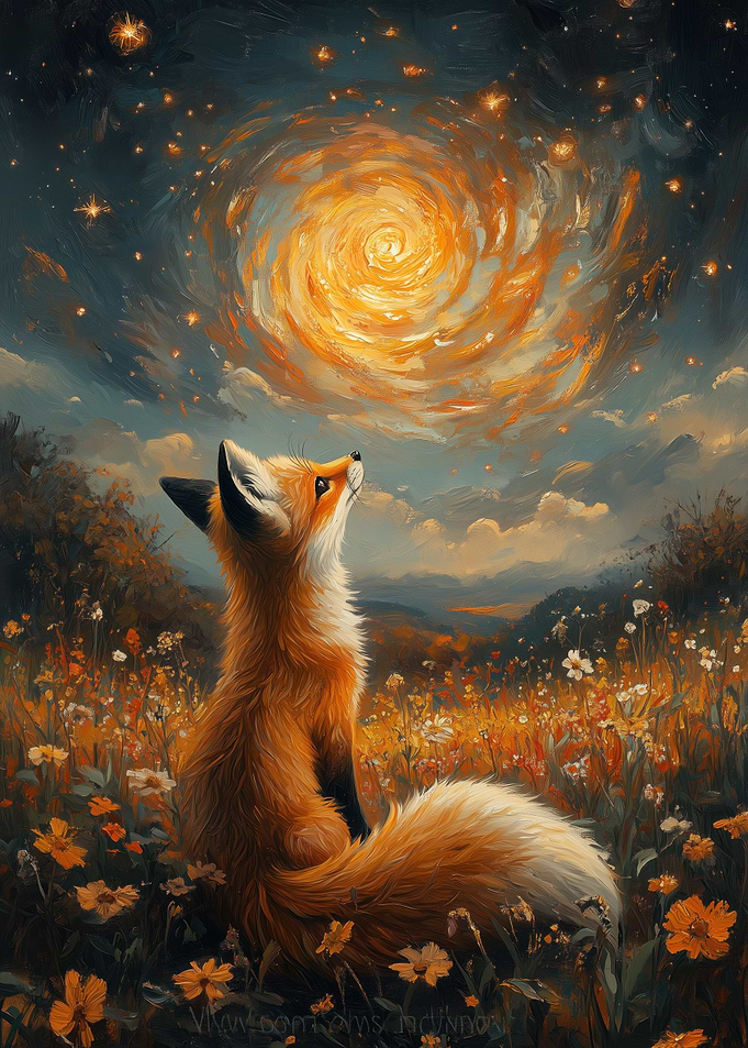 Fox Gazing at Galaxy Painting