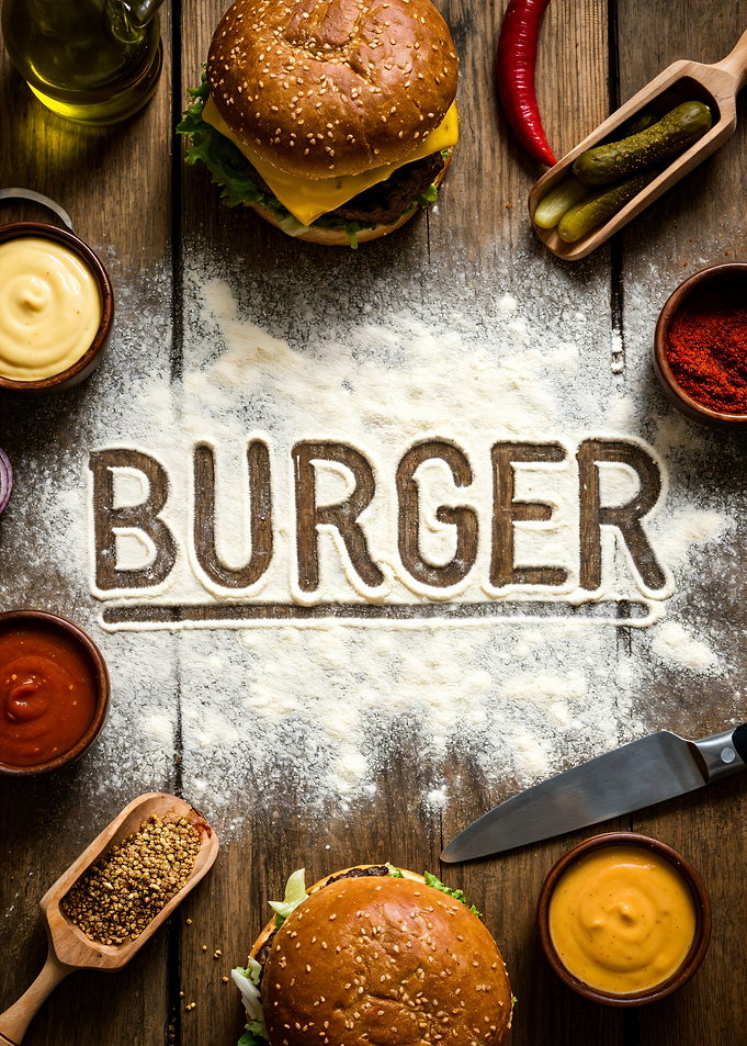 Burger ingredients and flour text
