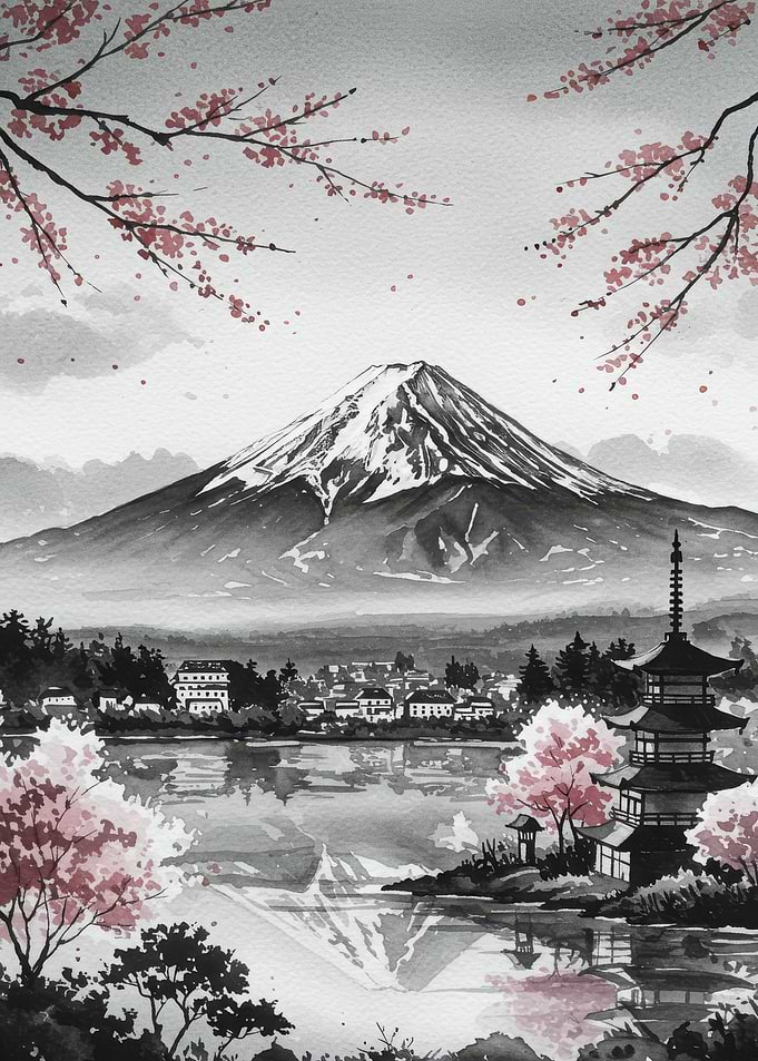 Mount Fuji Watercolor Landscape with Cherry Blossoms