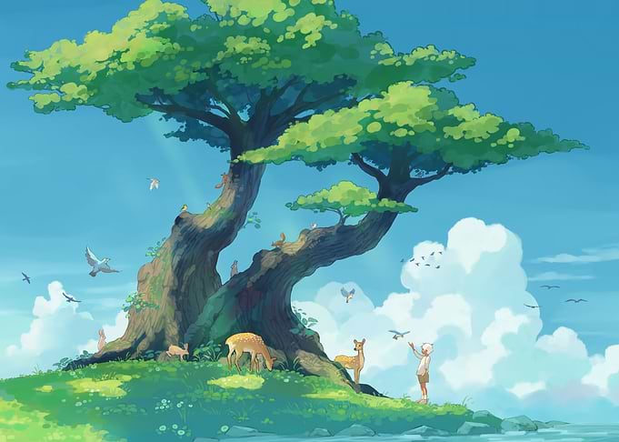 Idyllic Island Scene with Animals