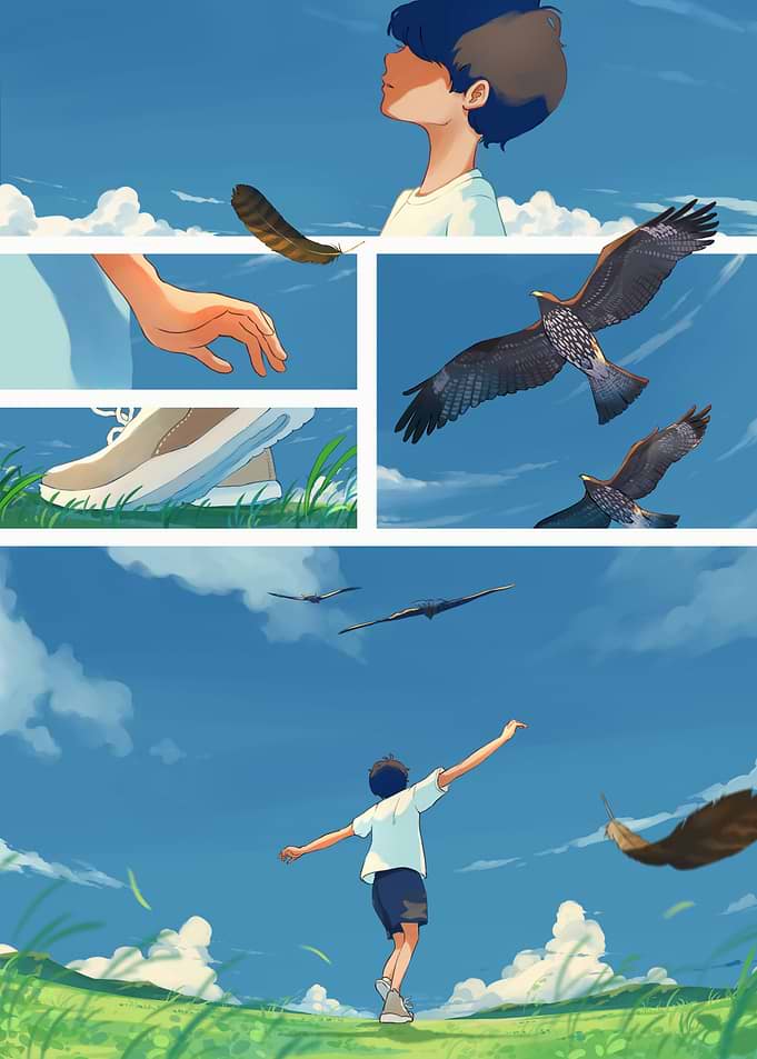 Boy, Birds, and Feather in Nature