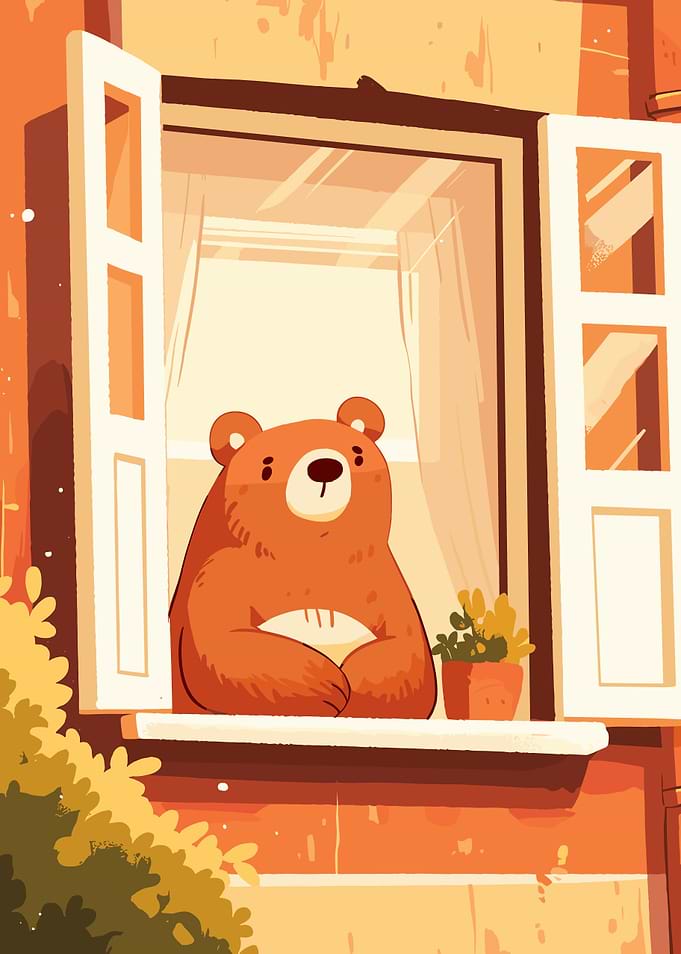 Bear Looking Out Window Illustration